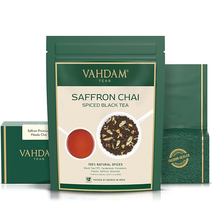 VAHDAM Saffron Spiced Chai (Loose Leaf, 50 Cups, 100g) | Black Tea with Cardamom, Cinnamon, Clove, Almond & Saffron | Enjoy Hot, Iced, or as a Chai Latte