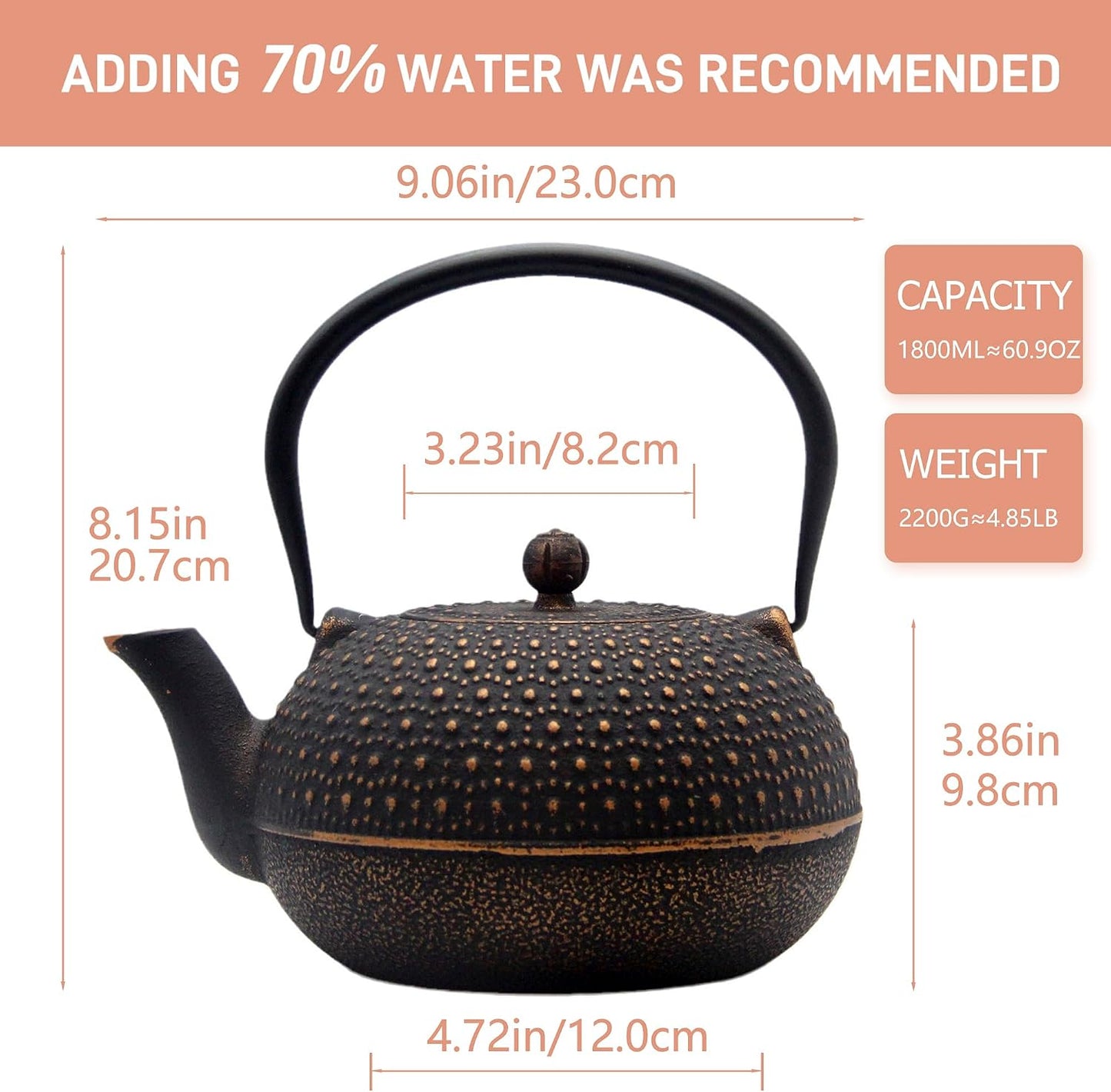 YJX Large Cast Iron Teapot for Stovetop, 1.8L Tea Kettle, Tea Pot for Stove