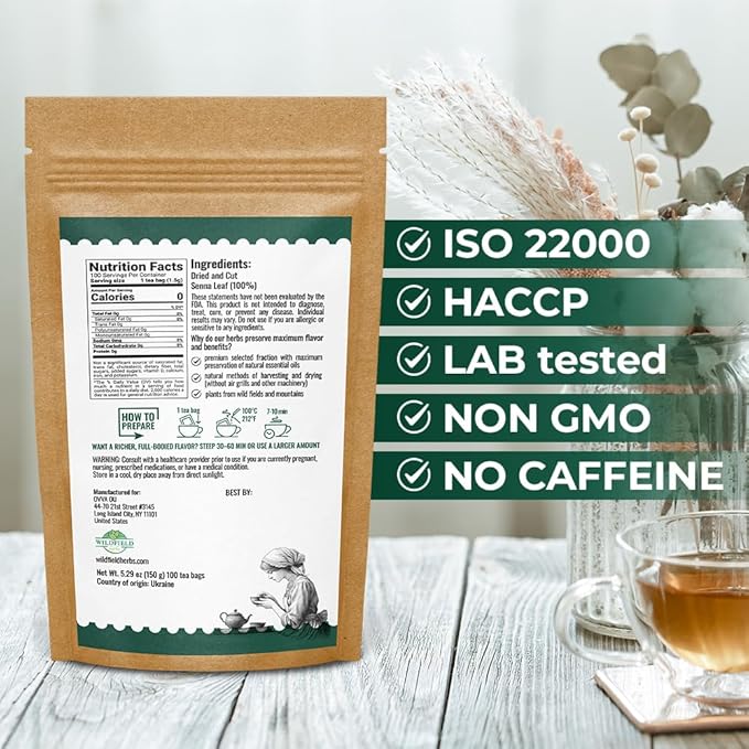 100 Bags Senna Leaf Senna Leaves Tea Herbal Tea (Senna Alexandrina) - 100 Count 1.5g Bags Hoja De Sen Hojas De Sen Para Te