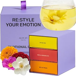 Korean Food Premium Flower Tea Gift Set - 15 Organic Caffeine-Free Drip Tea Bags (Marigold, Magnolia, Sunrise Blend)