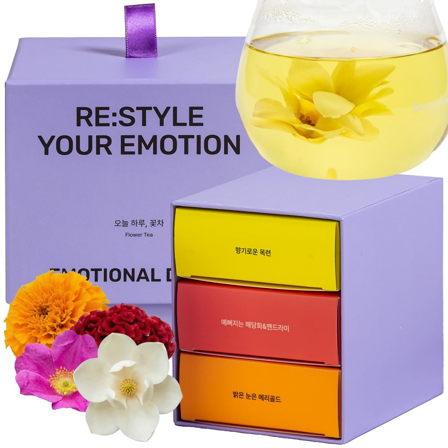 Korean Food Premium Flower Tea Gift Set - 15 Organic Caffeine-Free Drip Tea Bags (Marigold, Magnolia, Sunrise Blend)