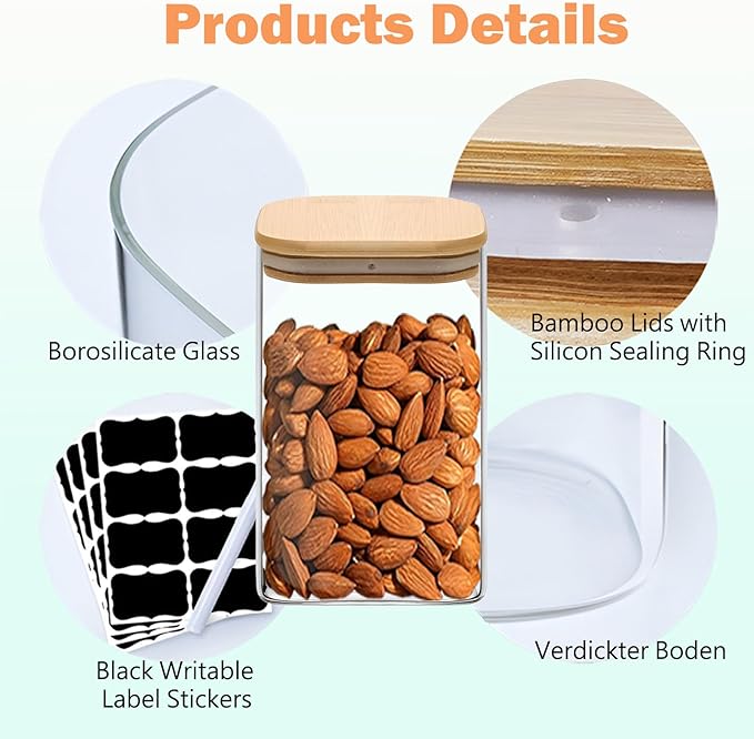 1.2 Qt Square Glass Storage Containers with Lids, glass jar with airtight lid, Glass Canister for Pantry Cookie Cereal Rice Sugar Tea Coffee Beans Spice, Square Set of 4