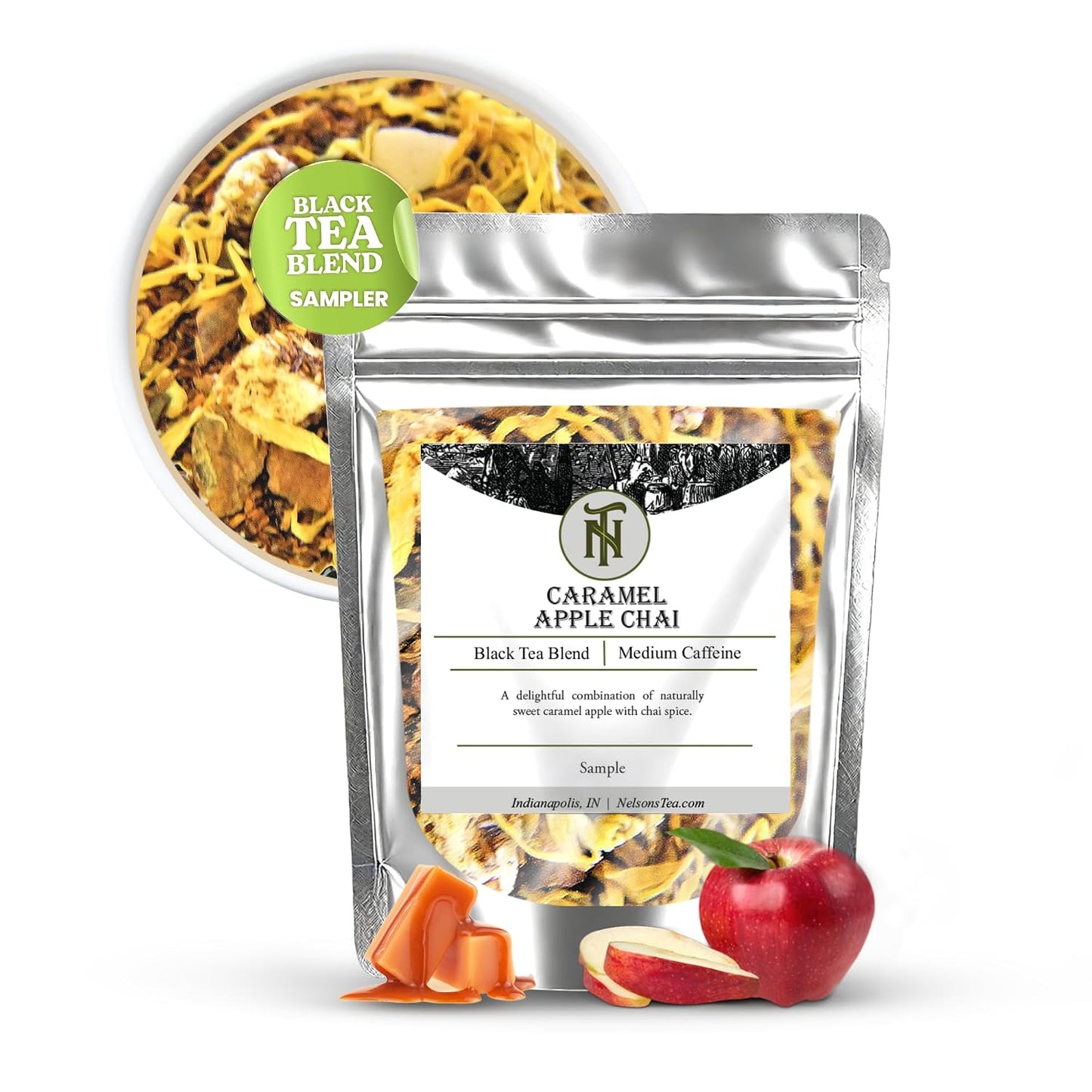 Nelson's Tea Caramel Apple Chai Dessert Loose Leaf Tea, Sample 0.5 Oz | Cinnamon • Cardamom • Spiced • Chai • Black Tea • Rooibos • Chai Loose Leaf • Red Rooibos • Loose Leaf Tea