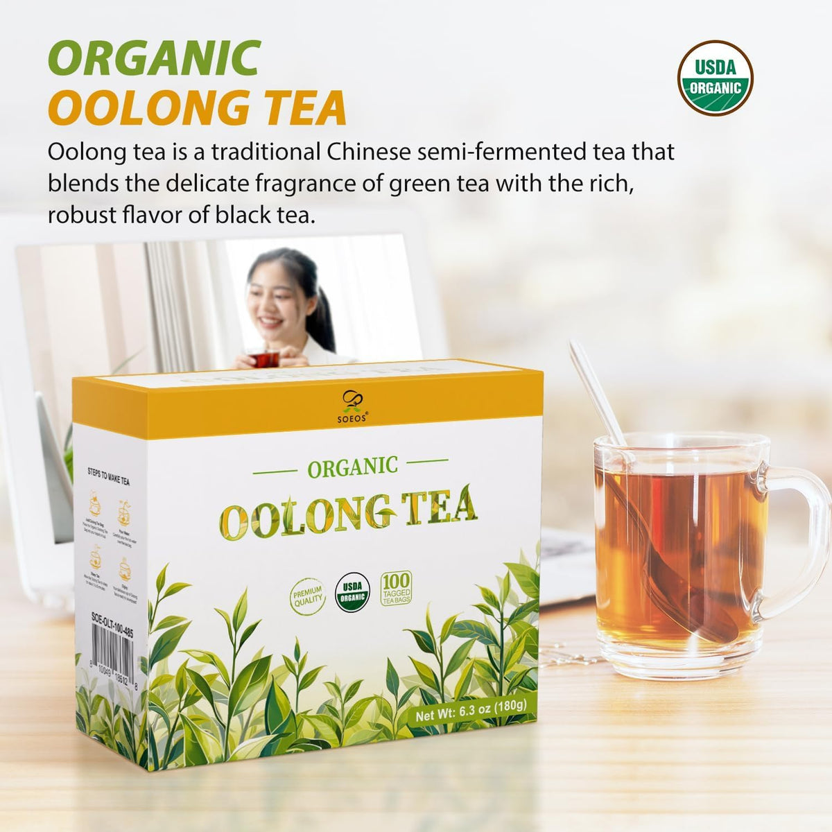 Soeos Organic Oolong Tea, 100 Tea Bags, USDA Certify, Low Caffeine, 6.3 oz (180 g)