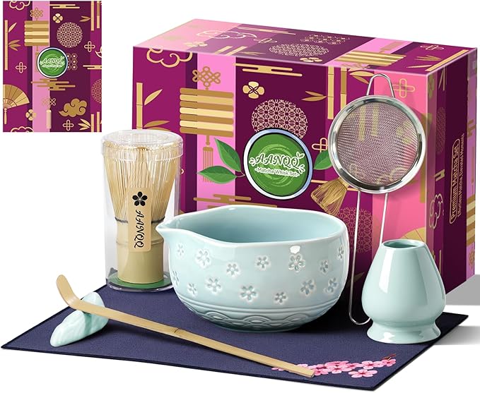 AANQQ Matcha Whisk Set: 7-PCS Matcha Set Whisk & Bowl Kit - 19OZ/560ml Ceramic Matcha Bowl with Spout - Matcha Starter Making Kit Ceremony Gift for Japanese Tea Lovers/Kitchen/Office (Blue)