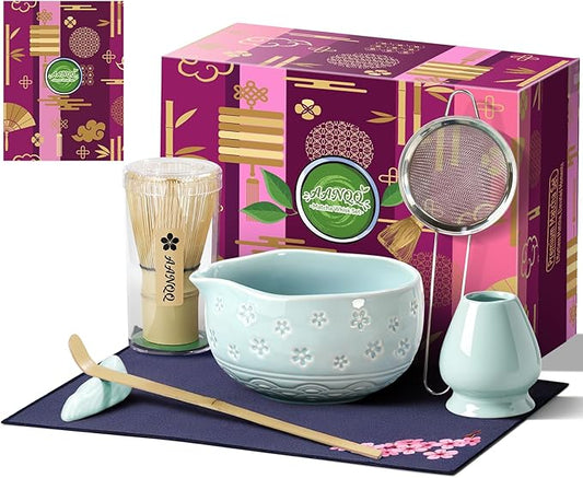 AANQQ Matcha Whisk Set: 7-PCS Matcha Set Whisk & Bowl Kit - 19OZ/560ml Ceramic Matcha Bowl with Spout - Matcha Starter Making Kit Ceremony Gift for Japanese Tea Lovers/Kitchen/Office (Blue)