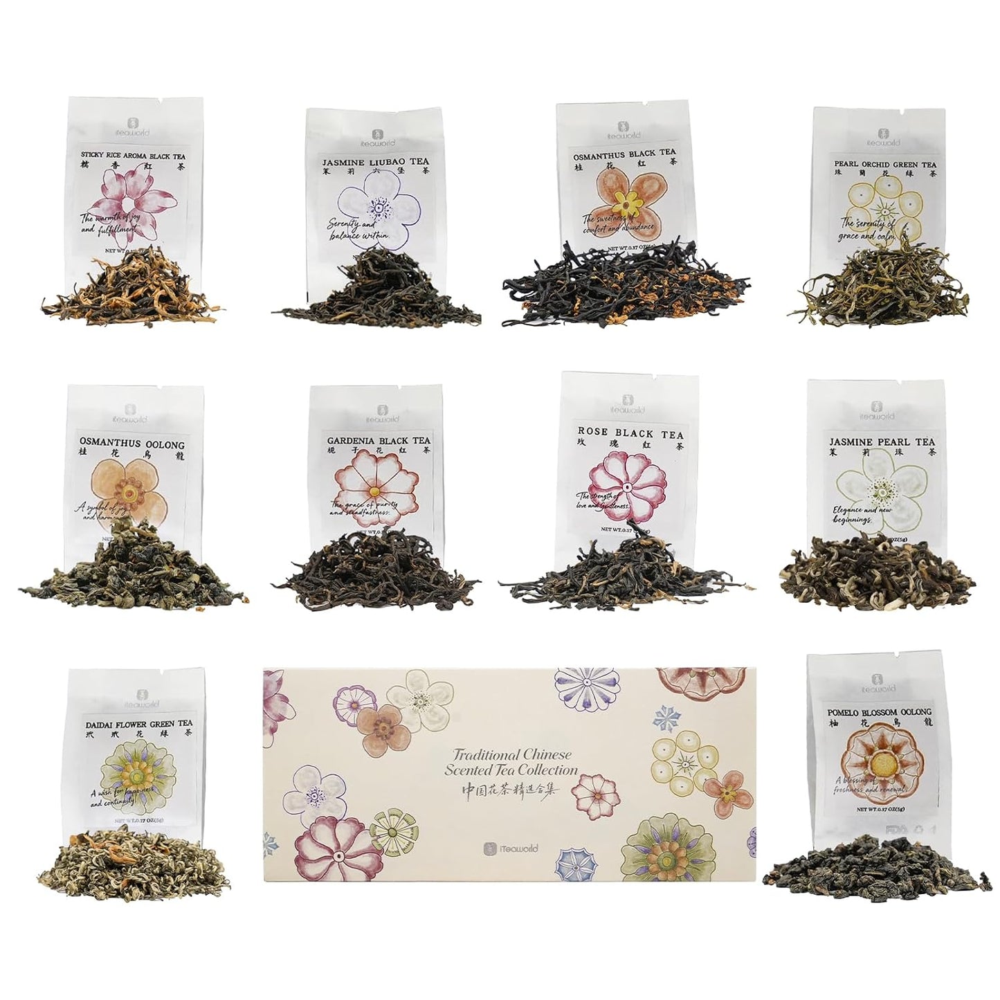 iTeaworld Chinese 10 Naturally Floral Loose Leaf Tea Sampler Gift Set,3.5oz