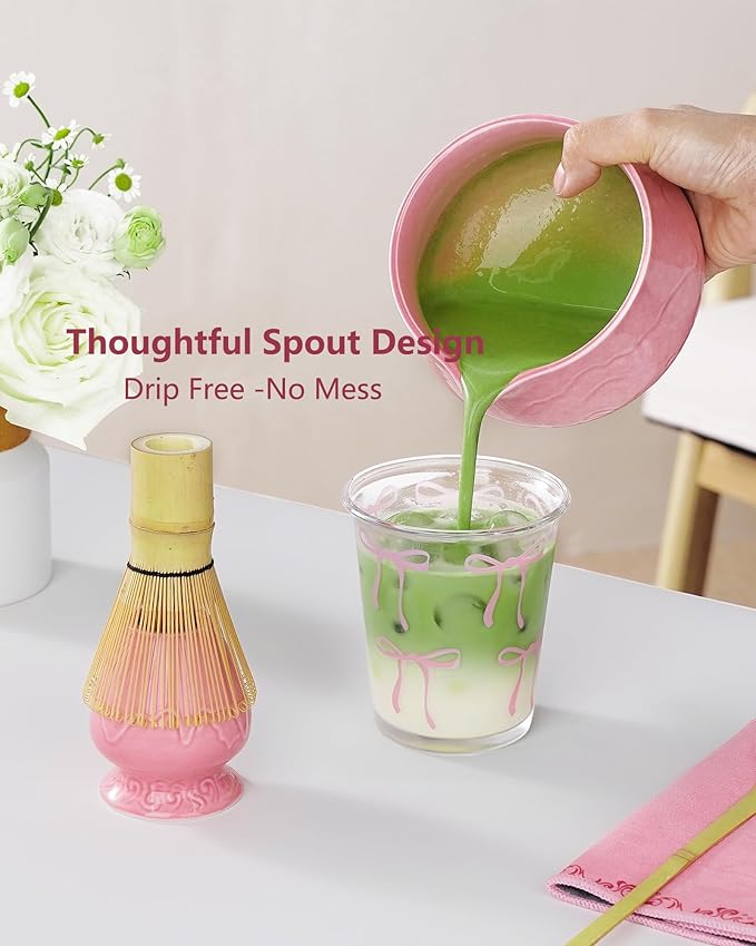 ZENS 7pcs Matcha Set, Matcha Whisk Set Includes Pink Bowl and Cup for Bamboo Whisk, (Chasen Holder), Scoop, 304 Sifter and Tea Mat, Pink Matcha Kit for Matcha Lovers