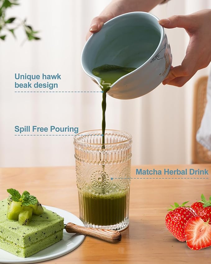 Matcha Whisk Set, Japanese Matcha Kit Set 7-Pcs with Matcha Bowl (Chawan), Matcha Whisk and Holder, Bamboo Scoop, Scoop Rest, Sifter and Tea Towel
