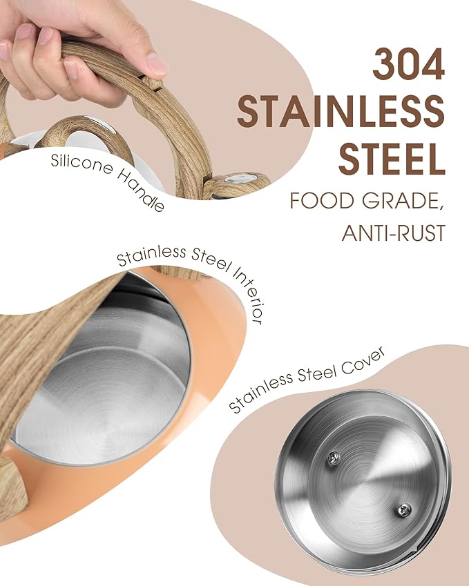 Tea Kettle Stovetop, 2.1 Quart Stove Top Whistling Tea Kettle, Teapot Kettles with Food Grade Stainless Steel and Wood Pattern Folding Handle