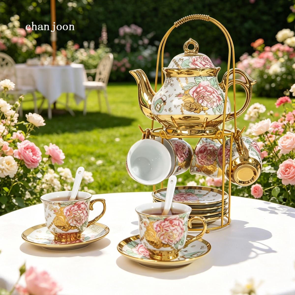 CHANOON Vintage StyleGold-Plated Red Rose Ceramic Tea Set Serving 6 People