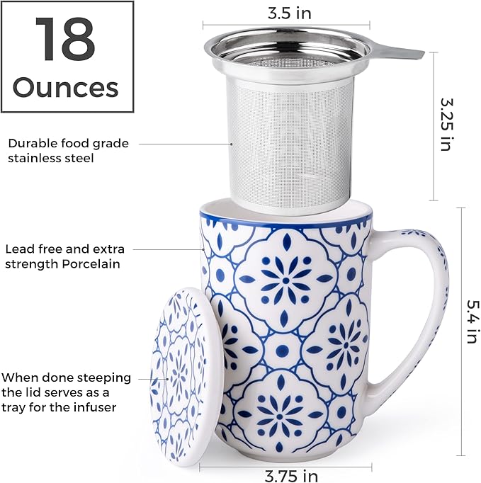 AmorArc Porcelain Tea Mug with Infuser and Lids, 18 Oz Large Cup Strainer with Bag Holder for Loose Leaf Tea, Steeping Coffee Mug for House-Warming Wedding Birthday Gift