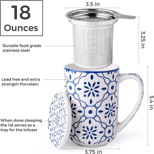 AmorArc Porcelain Tea Mug with Infuser and Lids, 18 Oz Large Cup Strainer with Bag Holder for Loose Leaf Tea