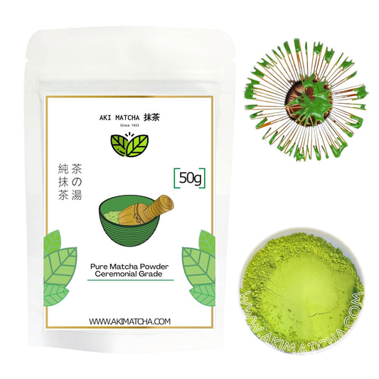 AKI MATCHA 1933 - Ceremonial Grade Matcha | Japanese Pure Matcha Powder 100% | Single Origin - Shizuoka Japan | Saemidori Cultivar | First Harvest Hand picked matcha Stone milled | Size 50g - 25serv