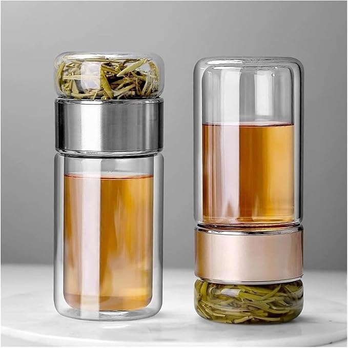 Glass Infuser, 3-in-1 smart Tea Infuser Double Wall Glass Teacup with infuser for Loose Tea, Portable Teas Steeper (Gold, 12oz)