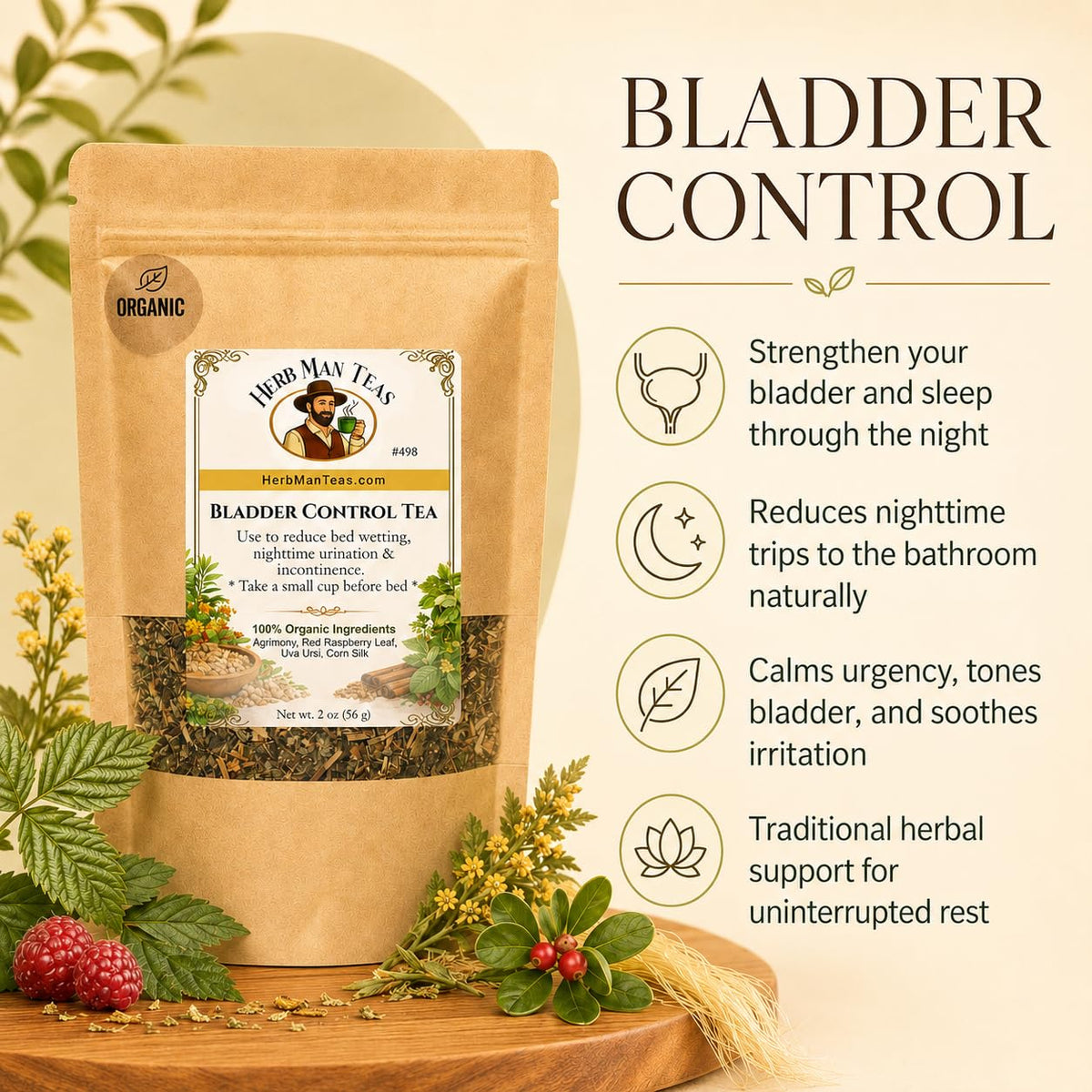 BLADDER CONTROL TEA – Nighttime Bladder Support &amp; Fewer Bathroom Trips – Organic Loose Leaf – by Master Herbalist Khabir | Corn Silk, Agrimony &amp; Stinging Nettle