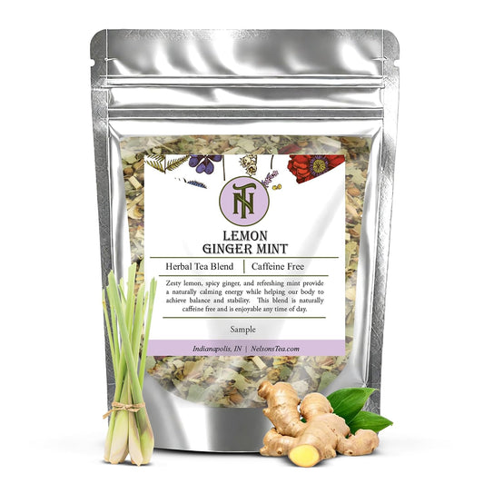 Nelson's Tea Lemon Ginger Mint Loose Leaf Tea, Sample 0.3 oz | Marshmallow Root • Caffeine Free • Tea • Lemon Verbena • Lemon • Ginger • Mint • Loose Leaf Tea