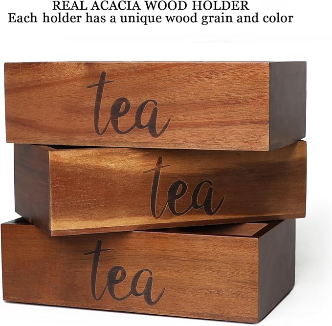 Tea Bag Organizer,Acacia Wood Tea Storage Containers with 6 Compartments, Sugar Packet Holder,Tea Bag Caddy Box for Cabinet Countertop Office (Brown-Labeled "Tea")