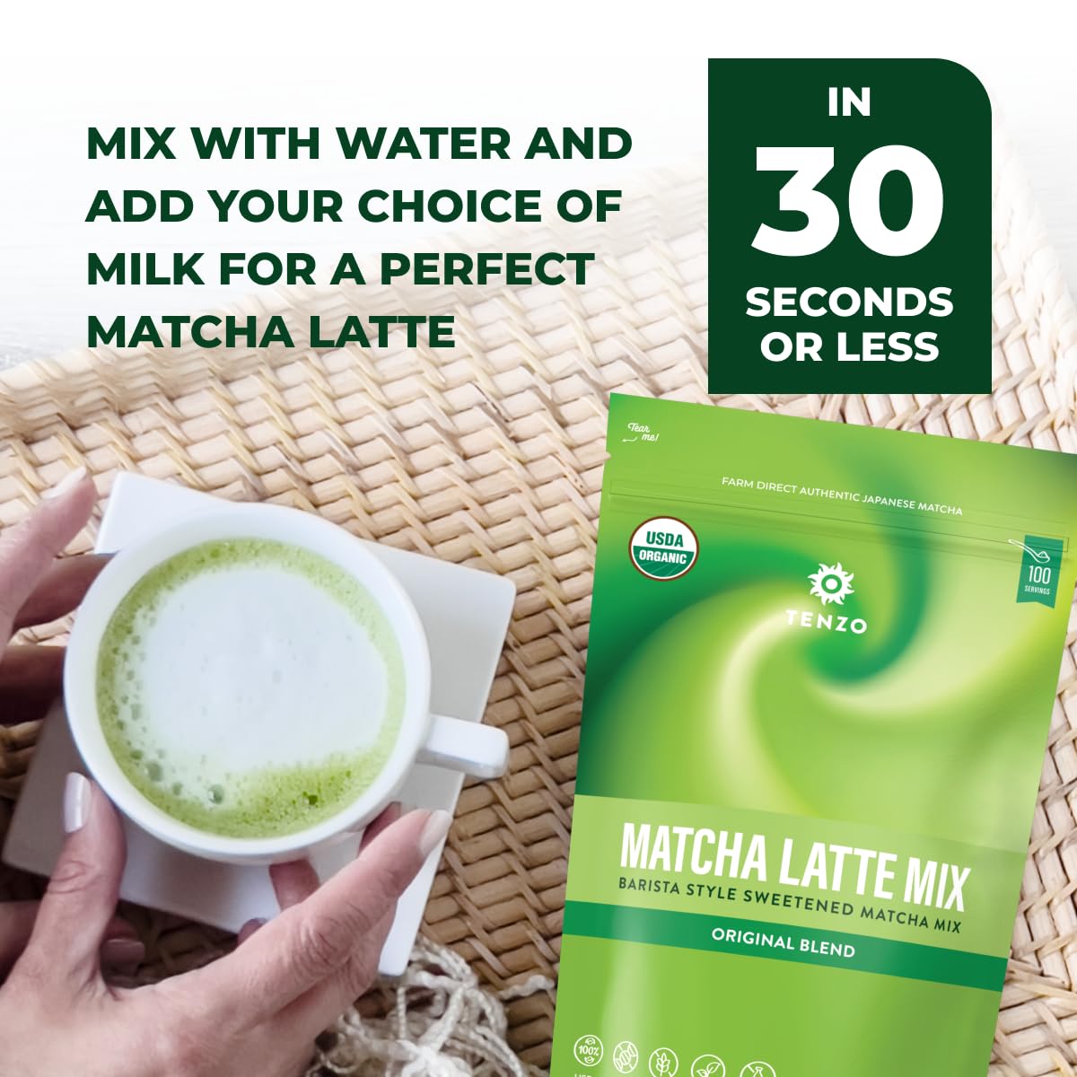 Tenzo Matcha Green Tea Powder, Organic Cafe Sweetened Matcha Latte Green Tea Powder, Ceremonial Barista Crafted Mix - Au