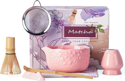 Japanese Matcha Whisk Set - Matcha Making Kit with Ceramic Bowl Bamboo Whisk (Chasen) Sifter & Holder Pink