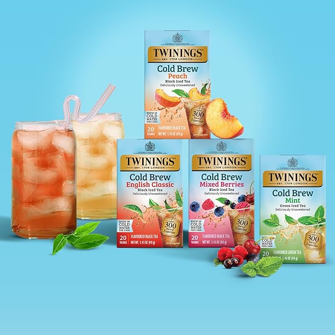 Twinings Cold Brew Peach Black Iced Tea Bags, 20 Count (Pack of 4), Deliciously Unsweetened Flavoured Black Tea, Caffeinated, 80 Individually Wrapped Tea Bags