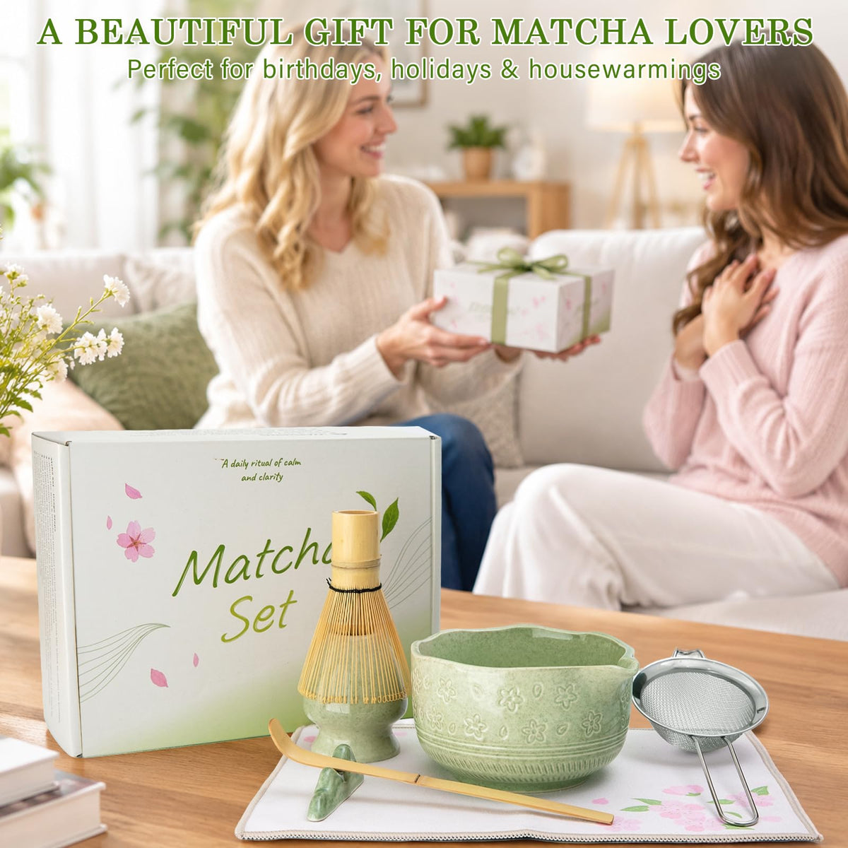 ALBISS Matcha Whisk Set, 7Pcs Ceramic Matcha Kit with Cherry Blossom Design