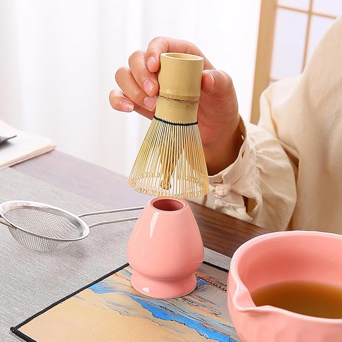 7-Piece Matcha Whisk Set, Pink Ceramic Matcha Bowl with Unique Diamond Design, Bamboo Whisk, Scoop, Sifter & Tea Towel - Complete Matcha Kit for Tea Lovers (Pink Gift Box)