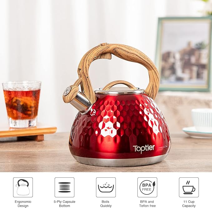 Tea Kettle, Toptier Teapot Whistling Kettle with Wood Pattern Handle Loud Whistle