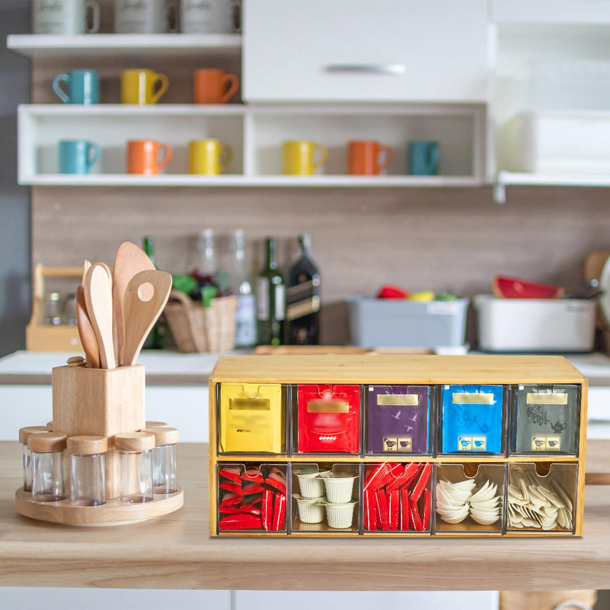 TIMIEEYA Tea Bag Organizer - Bamboo Tea Storage Organizer With Drawer 2 Layer, Tea Organizer for Tea Bags Natural Wood &