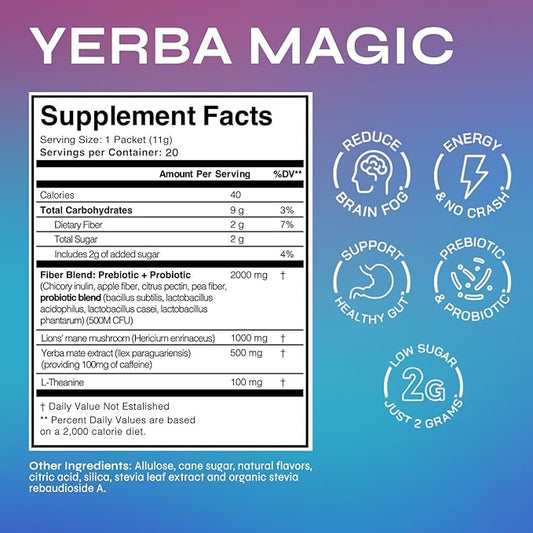 Brainista Yerba Magic Sticks Peach Mango - Yerba Mate Powder Single Serve Sticks - Instant Tea Powder On The Go - Nootropics, Prebiotics, Probiotics for Energy, Focus & Gut Health - Low Sugar, Natural Caffeine - 20 Servings
