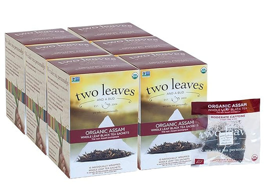 Two Leaves and a Bud Organic Assam Black Tea Bags, Whole Leaf Caffeinated Black Tea in Compostable Sachets, 15 Count (Pack of 6)