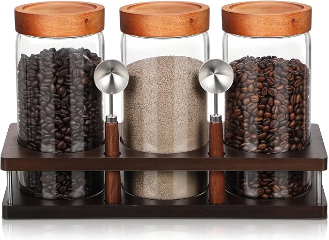 Suclain 3 Pcs Glass Coffee Grounds Container with Shelf 44 oz Glass Coffee Canisters with Airtight Lid and Measuring Spoon Kitchen Food Canister Jars