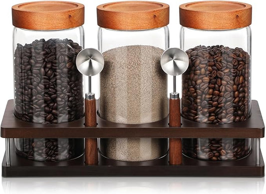 Suclain 3 Pcs Glass Coffee Grounds Container with Shelf 44 oz Glass Coffee Canisters with Airtight Lid and Measuring Spoon Kitchen Food Canister Jars