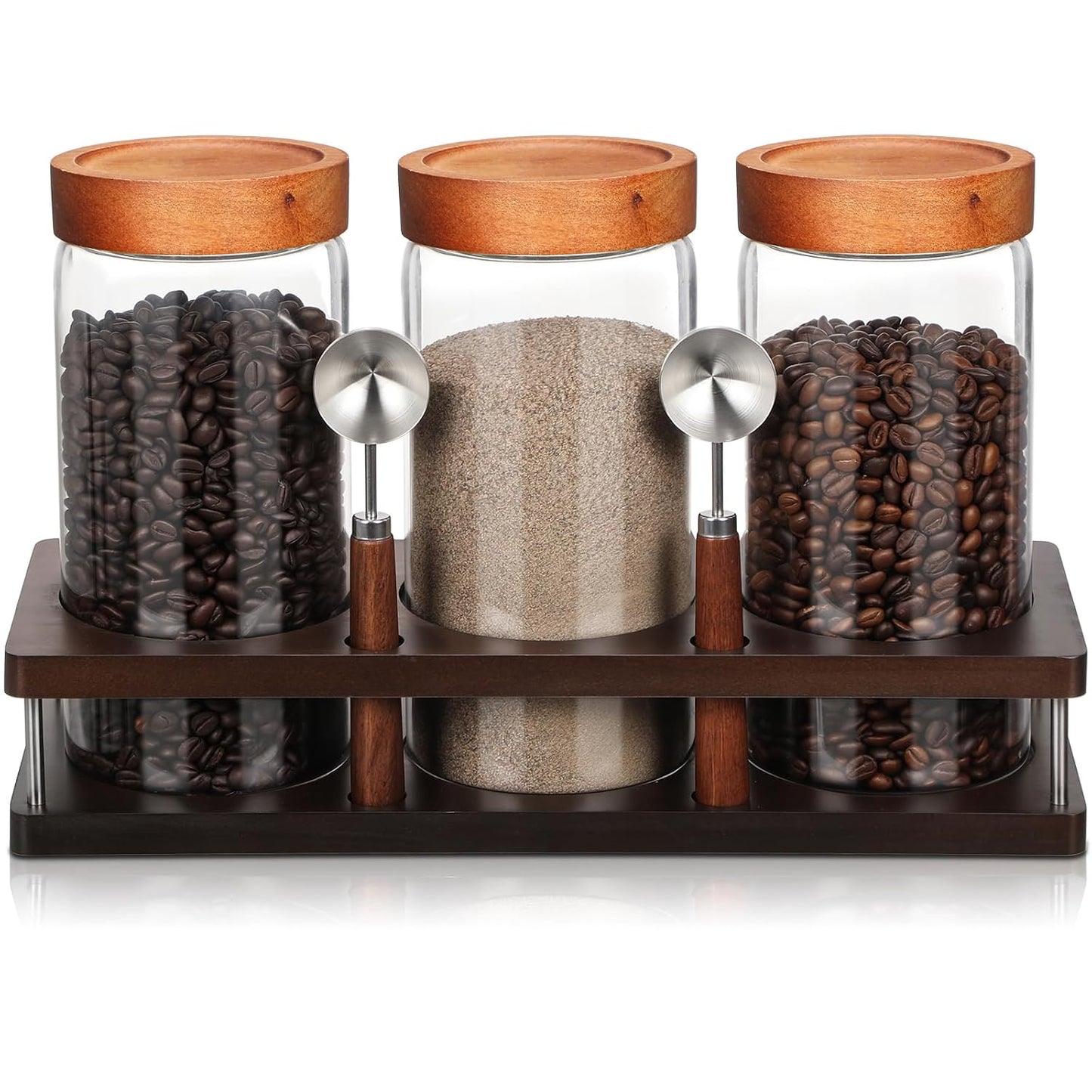 Suclain 3 Pcs Glass Coffee Grounds Container with Shelf 44 oz Glass Coffee Canisters with Airtight Lid and Measuring Spoon Kitchen Food Canister Jars