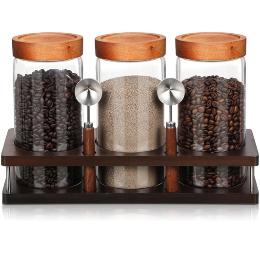 Suclain 3 Pcs Glass Coffee Grounds Container with Shelf 44 oz Glass Coffee Canisters with Airtight Lid and Measuring Spoon Kitchen Food Canister Jars