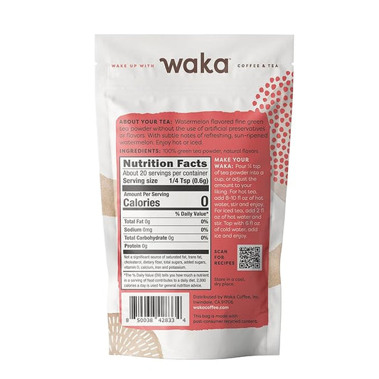 Waka Instant Green Tea Mix, Watermelon Flavored - 100% Tea Leaves, No Additives, Unsweetened Sample/Travel Size Tea Powder - Easy Quick Hot and Iced Teas, Up to 20 Cups or 5 Quarts (.45oz)