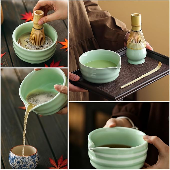 ZaH Matcha Whisk Set Includes Matcha Whisk and Bowl/Ceramics Whisk Holder/Bamboo Tea Scoop/Sifter - Japanese Matcha Set Kit (5pcs), White