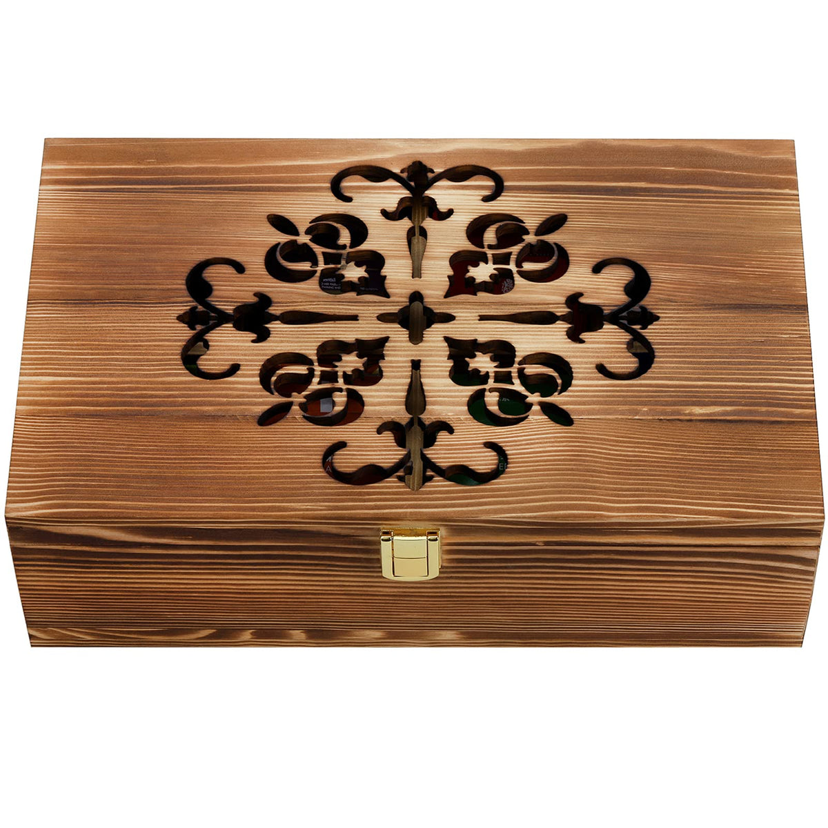 Coloch Wooden Tea Bag Storage Box with Carved Lid, 8-Compartment Tea Chest Organizer Spice Packets Container for Living Room