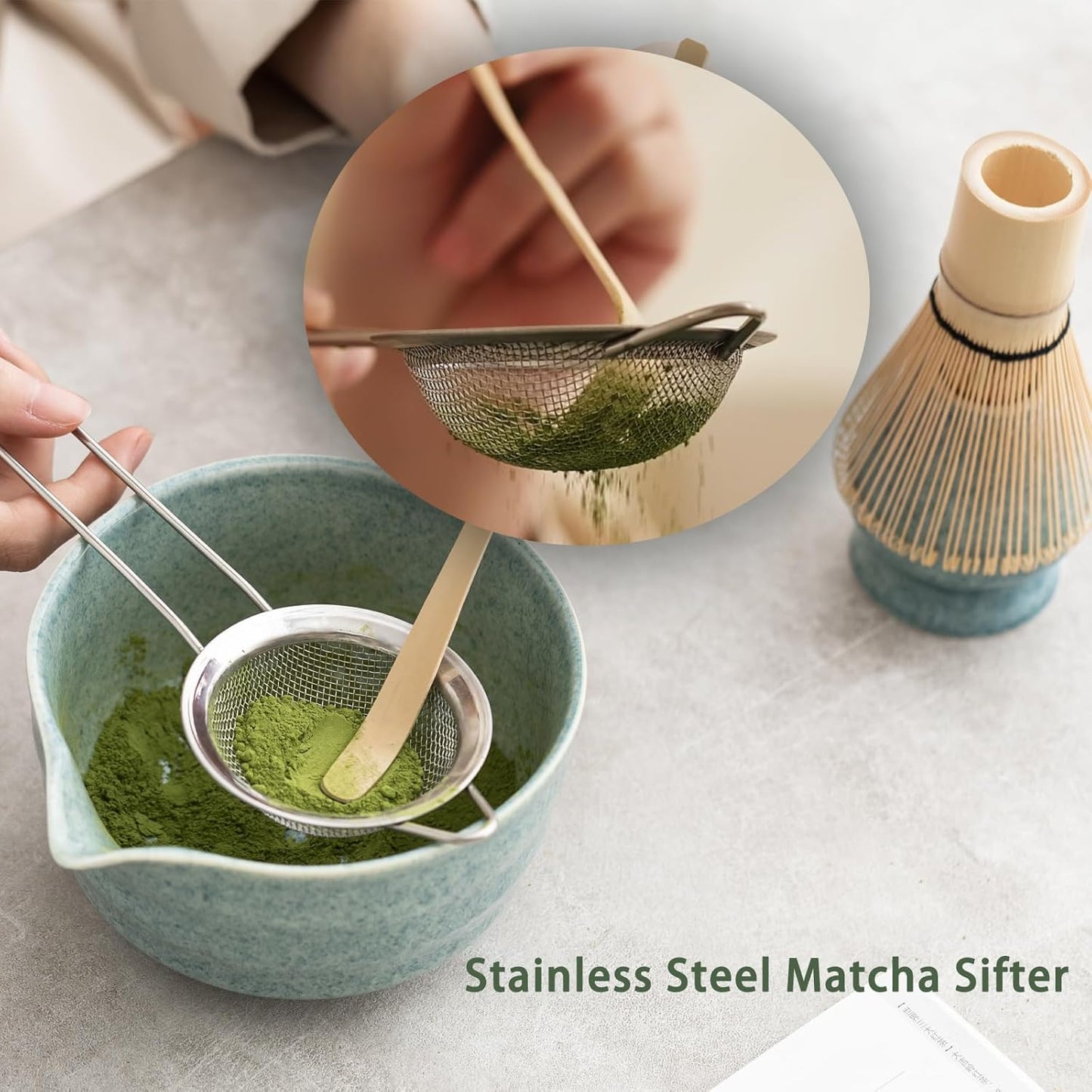 Ochcahser Matcha Set, Matcha Whisk Set Includes 17 oz Matcha Bowl | Matcha Holder, Bamboo Matcha Whisk and Scoop, Sifter, 5 Pce Mottled Blue Glaze Ceramic Matcha Kit for Tea Lovers.