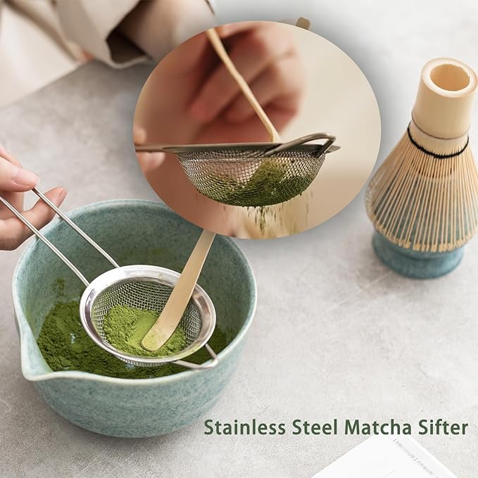Matcha Kit Set, Matcha Whisk Set Includes Matcha Bowl And Holder, Bamboo Matcha Whisk, Scoop and Matcha Sifter, 17 oz Mottled Blue Glaze Ceramic Matcha Kit for Tea Lovers