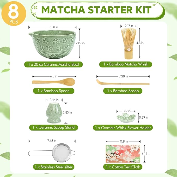8 PCS Premium Matcha Whisk Set - Japanese Matcha Bowl Tea Making Tools Bamboo Whisk Kit Traditional Handcrafted Tea Ceremony Tools Gifts for Matcha