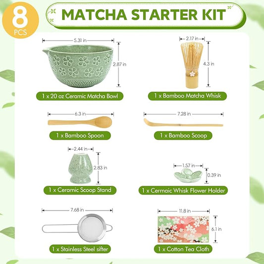 8 PCS Premium Matcha Whisk Set - Japanese Matcha Bowl Tea Making Tools Bamboo Whisk Kit Traditional Handcrafted Tea Ceremony Tools Gifts for Matcha Lovers and Beigners