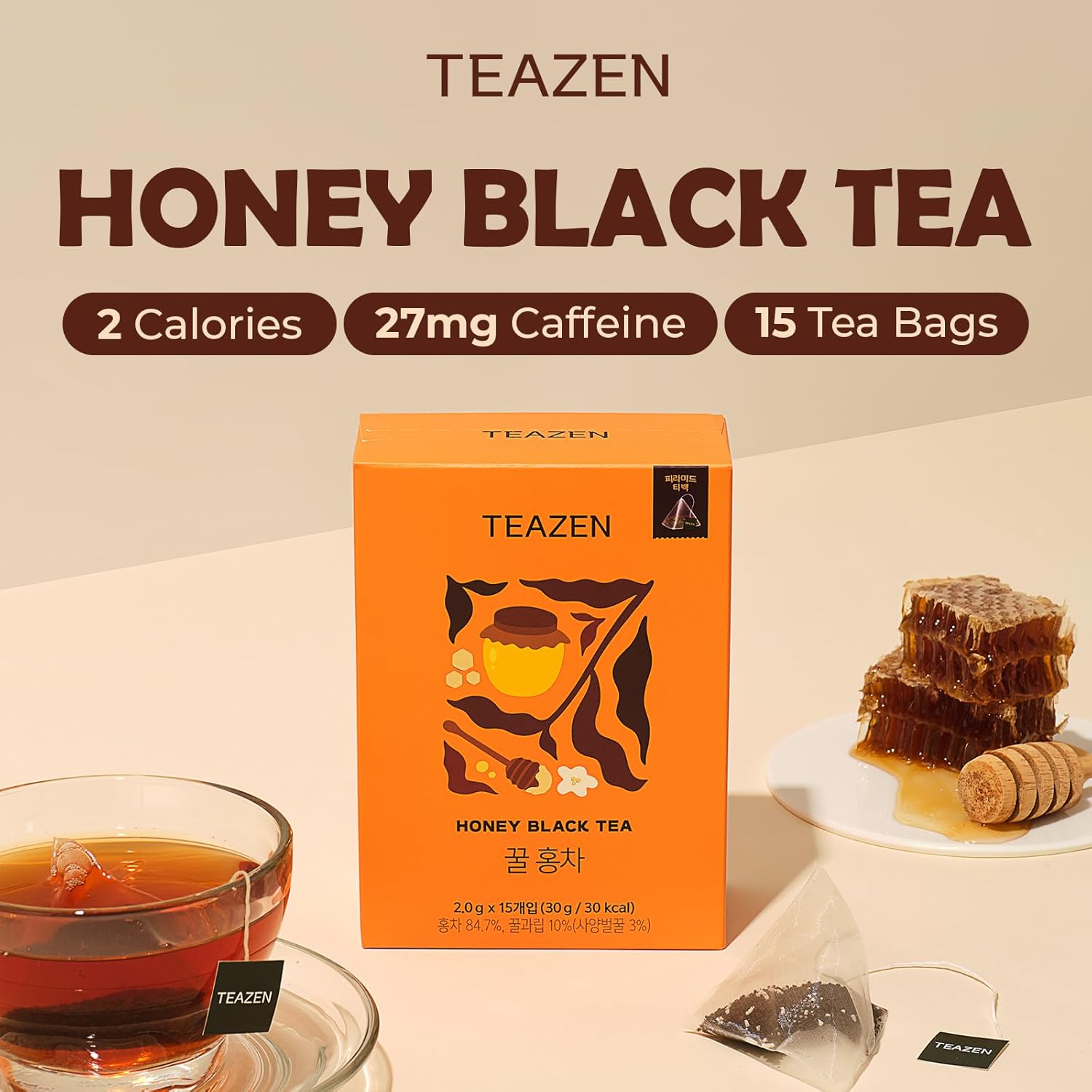 TEAZEN Honey Black Tea Bags, Zero Sugar Black Tea with Honey – 15 Tea Bags (1 Pack)