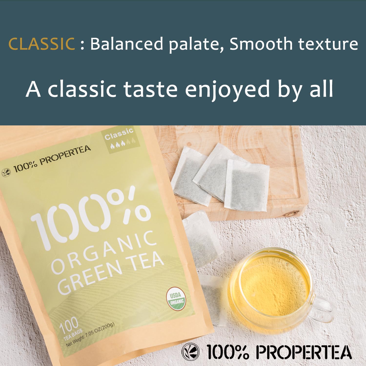 100% Propertea Organic Green Tea Bags,100 Count Eco-Friendly Tea Bags,Hot or Iced,Unsweetened,Low Caffeine, Rich in Antioxidants, Resealable Pouch,Classic Taste