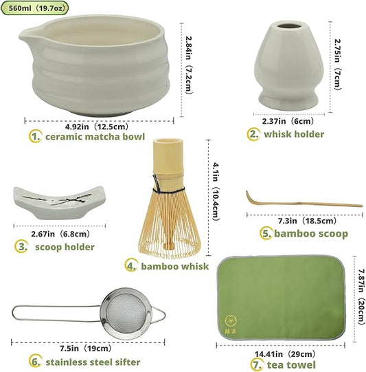 Matcha whisk Set,7 Pcs Matcha Making Kit with whisk Whisk, Ceramic Bowl, Sifter, Scoop, Holder, Stand, and Tea Towel for Ultimate Matcha Experience（White）