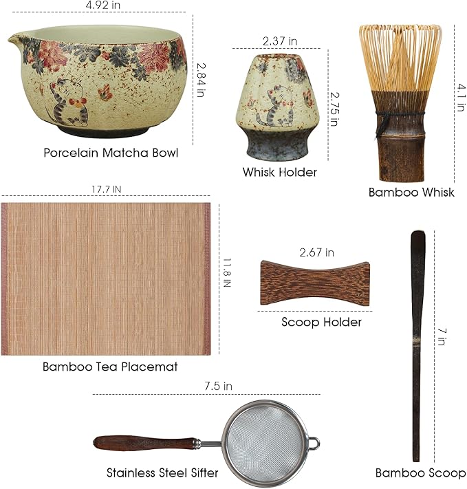 7-Piece Matcha Set with Matcha Bowl, Bamboo Whisk (Chasen) & Holder, Sifter, Tea Scoop & Rest, Special Bamboo Tea Mat