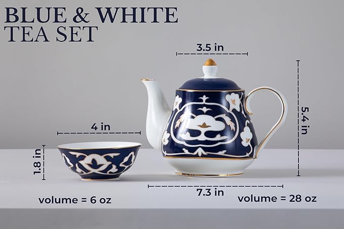 Blue and White Tea Set - 28 oz. Bone China Teapot and 6 oz. Tea Cups with White Vintage Design