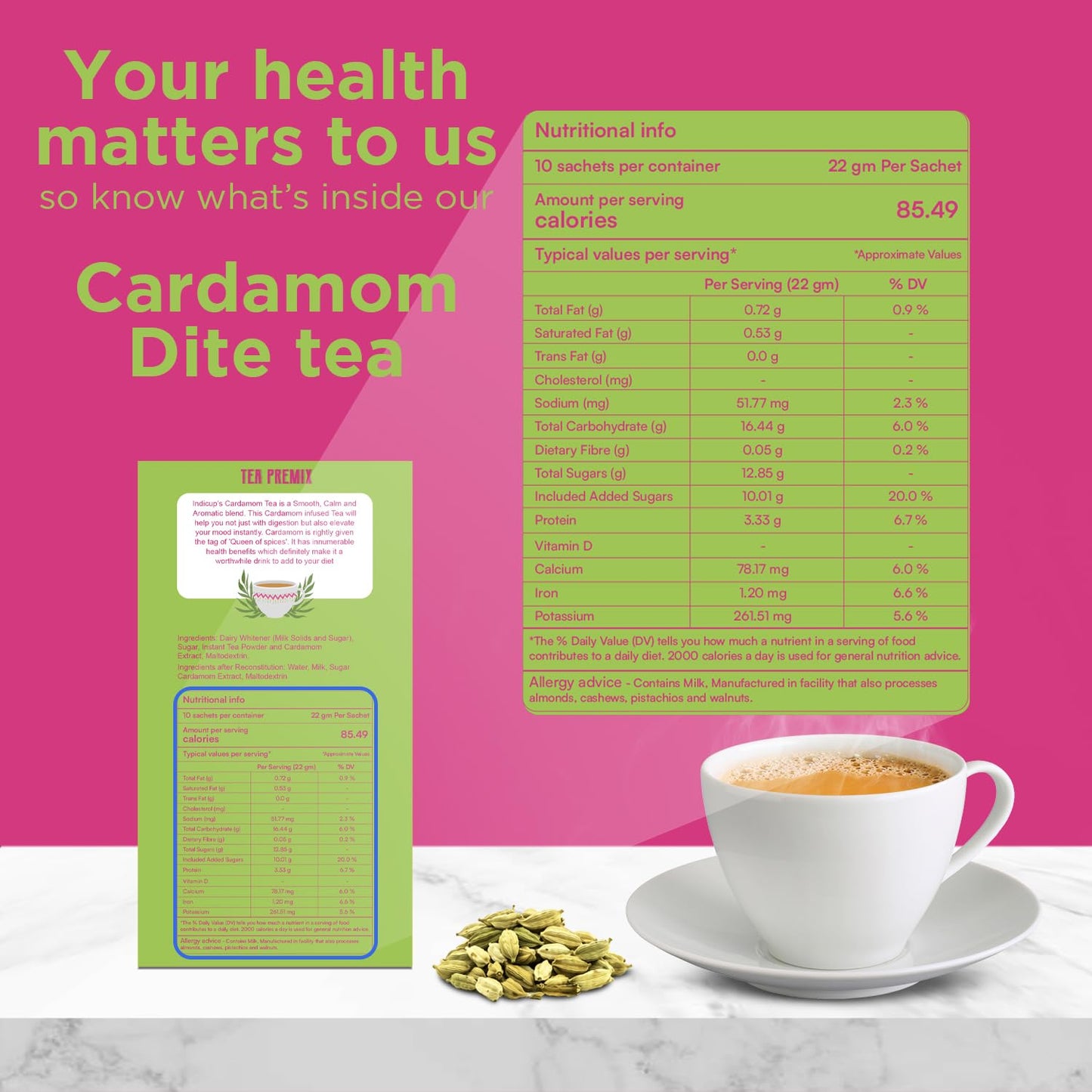 INDICUP Instant Chai Cardamom Tea Latte Diet | True Indian Taste | Just Add Hot Water | 10 Single Serve Sachets | 180g (6.35 Ounce)
