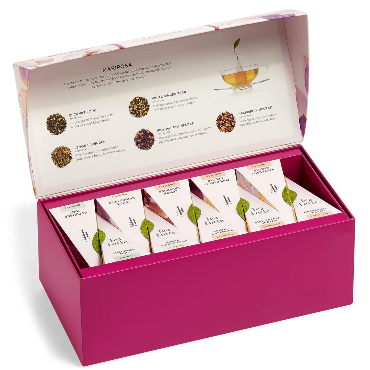 Tea Forte Premium Presentation Box Gift Set Sampler, 20 Count, Assorted Blends Individually Wrapped Handcrafted Pyramid Infuser Bags, Mariposa Tea