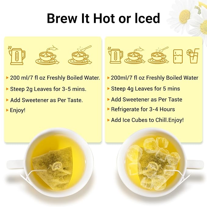 Chamomile Tea Bags, 100% Pure Natural Chamomile Flower Herbal Tea for Relaxation, Caffeine Free, Non-GMO, Additives Free